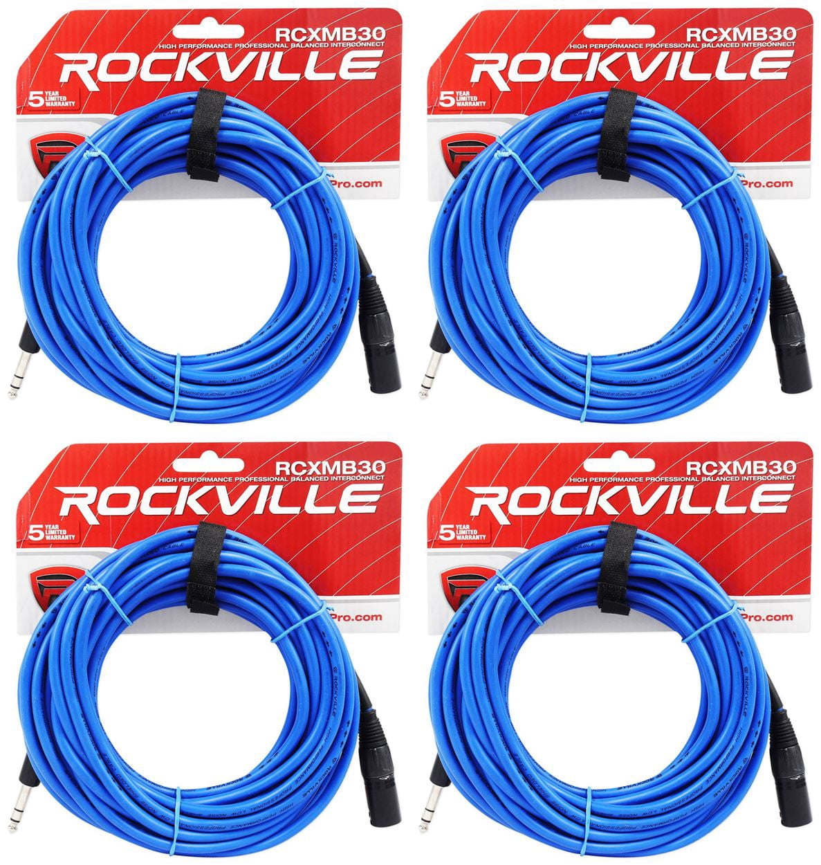 4 Rockville RCXMB30-BL Blue 30' Male REAN XLR to 1/4'' TRS Balanced Cables