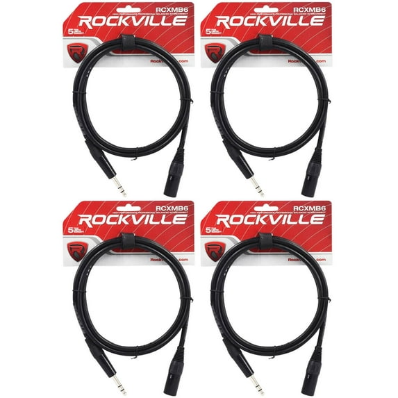 4 Rockville RCXMB6-B Black 6' Male REAN XLR to 1/4'' TRS Balanced Cables