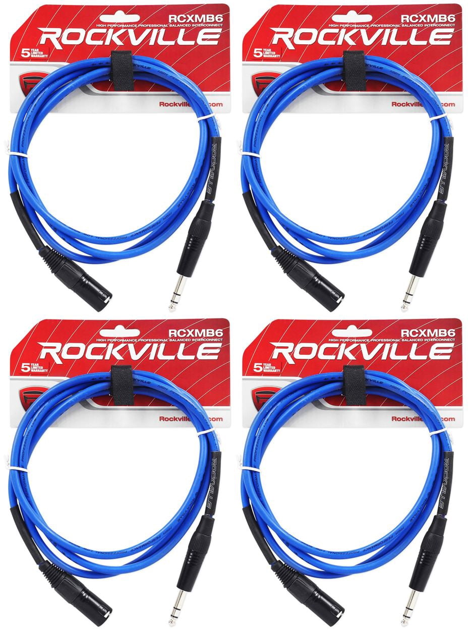 4 Rockville RCXMB6-BL Blue 6' Male REAN XLR to 1/4'' TRS Balanced Cables