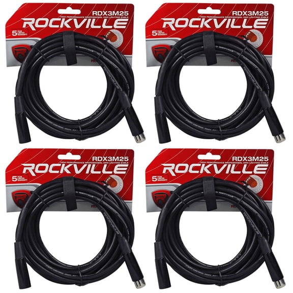 Rockville RDX3M25 25 Ft 120 Ohm 3-Pin DMX Lighting Cable, Nickel Plated XLR Connectors, OFC Shielded, 4-piece