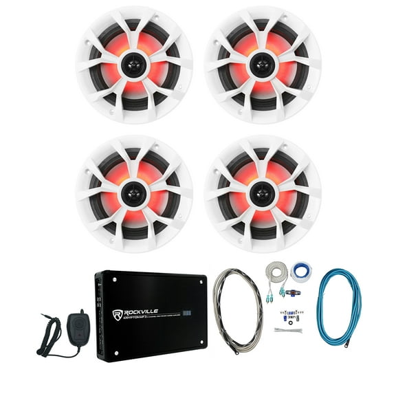 (4) Rockville RKL65MBW 6.5" 700 Watt Marine Boat LED Speakers+Amplifier+Amp Kit