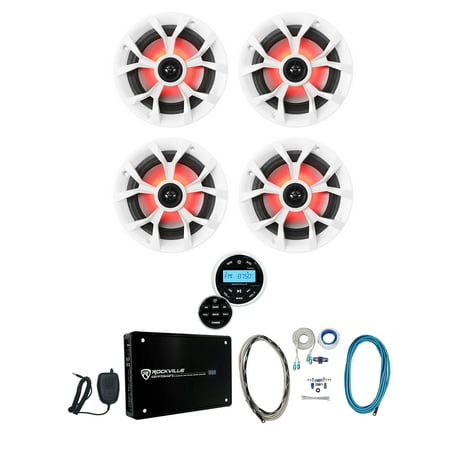 (4) Rockville RKL65MBW 6.5" 700w Marine LED Speakers+Receiver+Amplifier+Amp Kit