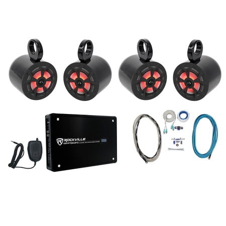 (4) Rockville RKL65MBW 6.5" 700w Marine Wakeboard LED Speakers+Amplifier+Amp Kit