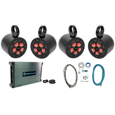 (4) Rockville RKL65MBW 6.5" Marine Boat Wakeboard Tower Speakers w/LED+Amplifier