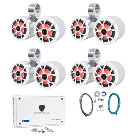 4) Rockville RKL65MBW Dual 6.5" Marine Wakeboard LED Speakers+Amplifier+Amp Kit