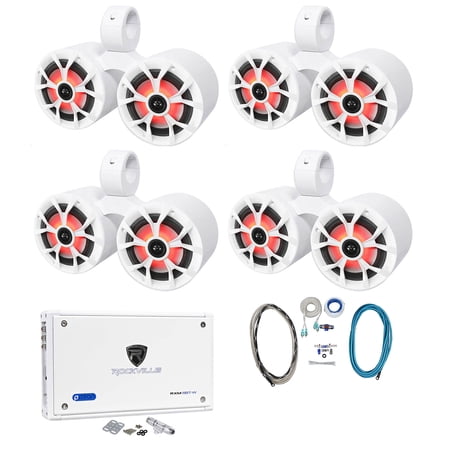 4) Rockville RKL65MBW Dual 6.5" Marine Wakeboard LED Speakers+Amplifier+Wire Kit