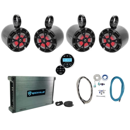 (4) Rockville RKL80MB 8" Marine Boat Wakeboard Tower LED Speakers+Amp+Receiver