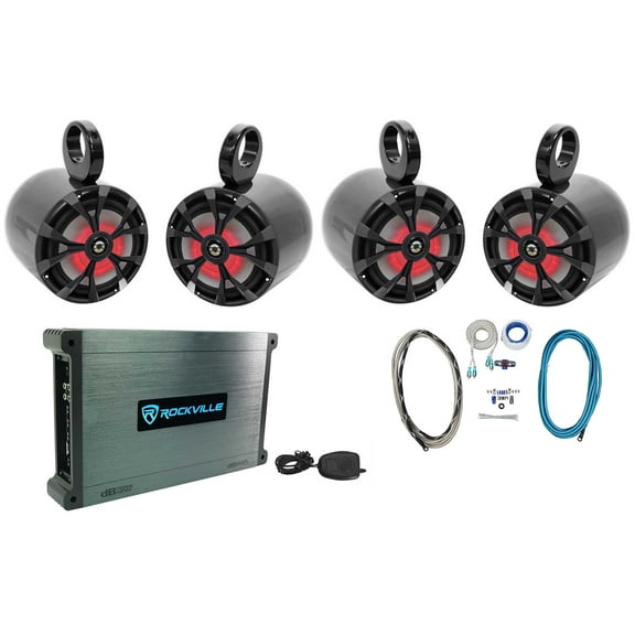 (4) Rockville RKL80MB 8" Marine Boat Wakeboard Tower Speakers w/LED''s+Amplifier
