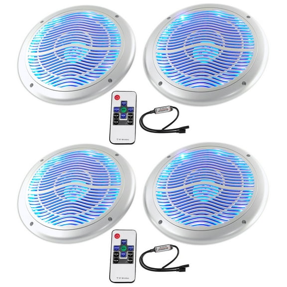 (4) Rockville RMC65LS 6.5" 1200w Silver Marine Speakers/Multi Color LED+Remote