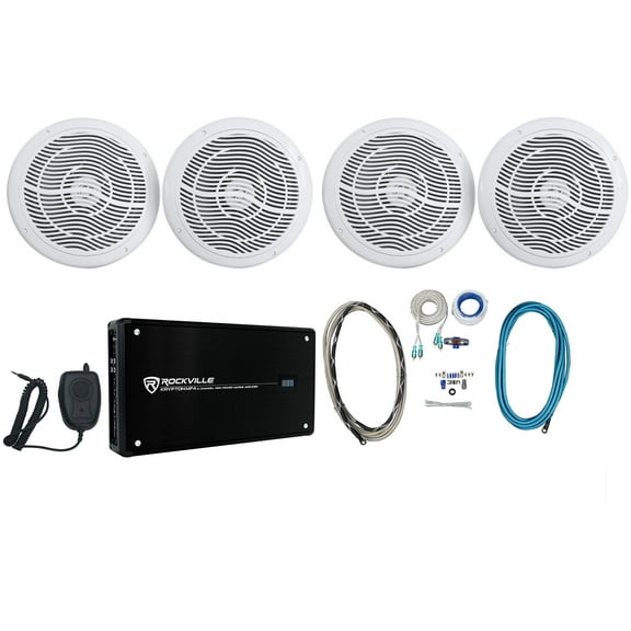 (4) Rockville RMC80W 8" 1600w Marine Boat Speakers+4-Ch Amplifier+Wires