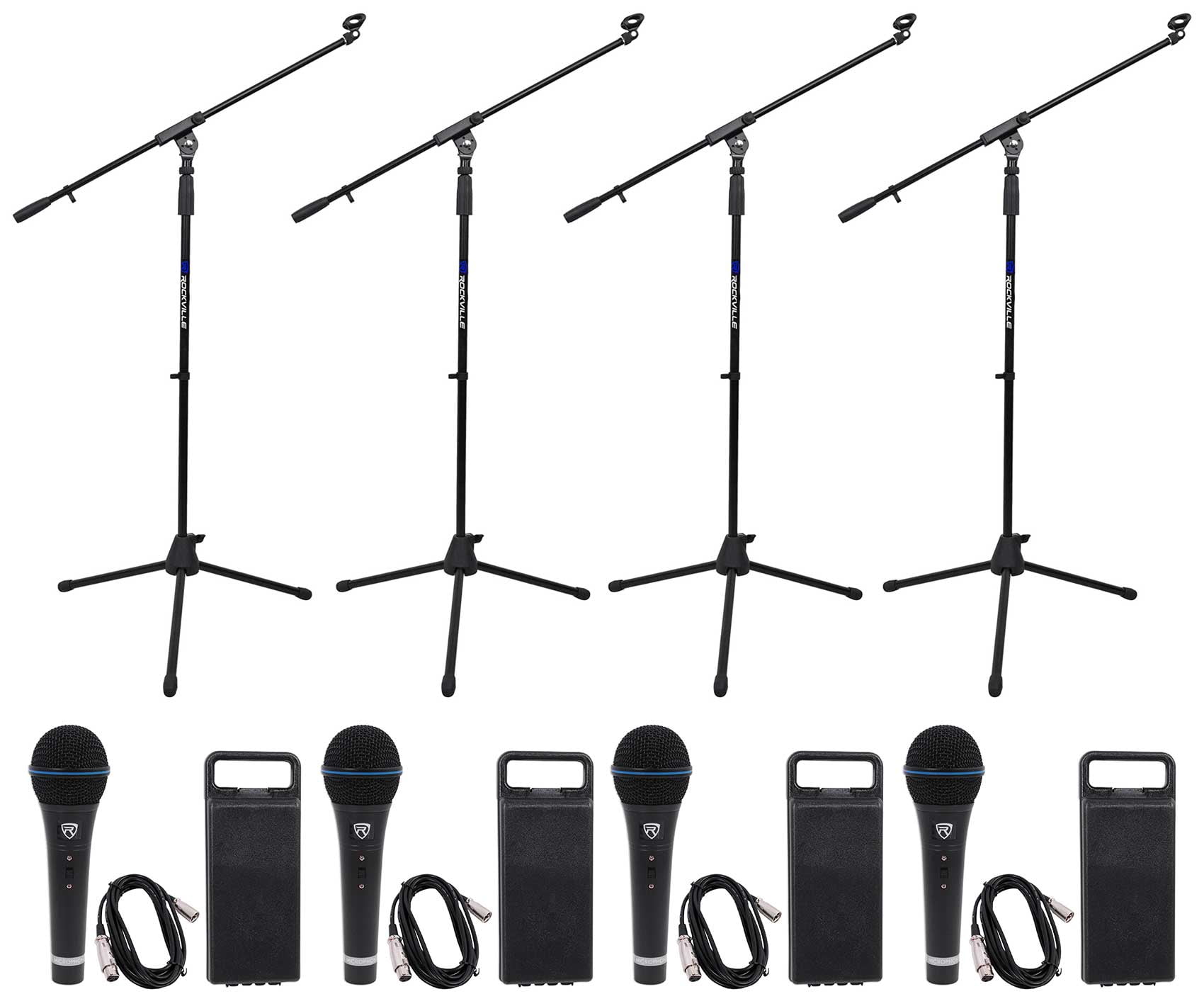(4) Rockville RMM-XLR Dynamic Cardioid Pro Metal Microphones w/XLR Cables+Stands