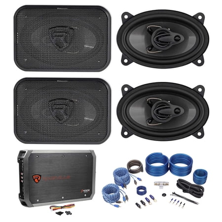 Rockville RV46.3A 4x6 in 1000W 3-Way Car Speakers with 4-Channel Amplifier with Amp Kit, Impedance 4 Ohm, Frequency response 60-20,000 Hz, 4 Items