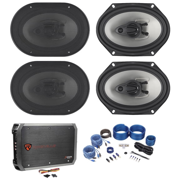 Rockville RV68.3A Bundle: (4) 6x8 in 3-Way, 1800W Peak/ 340W RMS, Car Speakers, RXA-F1 4-Channel Car Amplifier, RWK42 4-Gauge Amp Wiring Kit with RCA's, 6-Items
