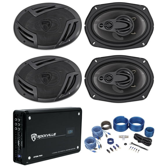 (4) Rockville RV69.4A 6x9" 4-Way Car Speakers+4-Channel Amplifier w/Volt Meter