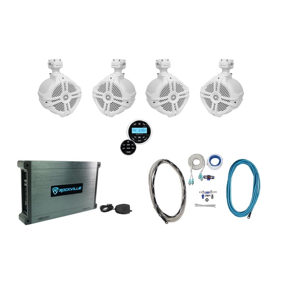 (4) Rockville RWB70W White 6.5" Marine Wakeboard Swivel Speakers+Amp+Receiver