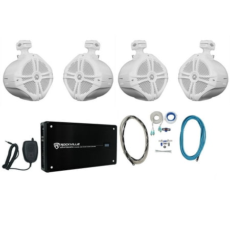 4 Rockville RWB90W 8" Wakeboard Marine Speakers+4 Channel Amplifier+Amp Kit