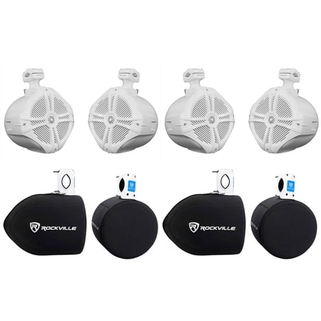 (4) Rockville RWB90W 8" White 500 Watt Marine Wakeboard Tower Speakers+Covers