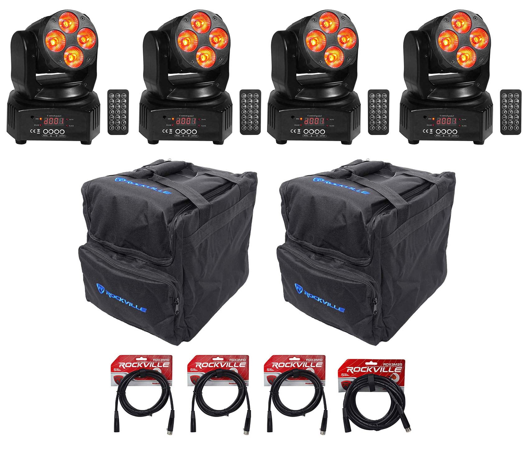 (4) Rockville RockOn-7 40w RGBW Moving Head Wash DMX Stage Club Light+Bag+Cables