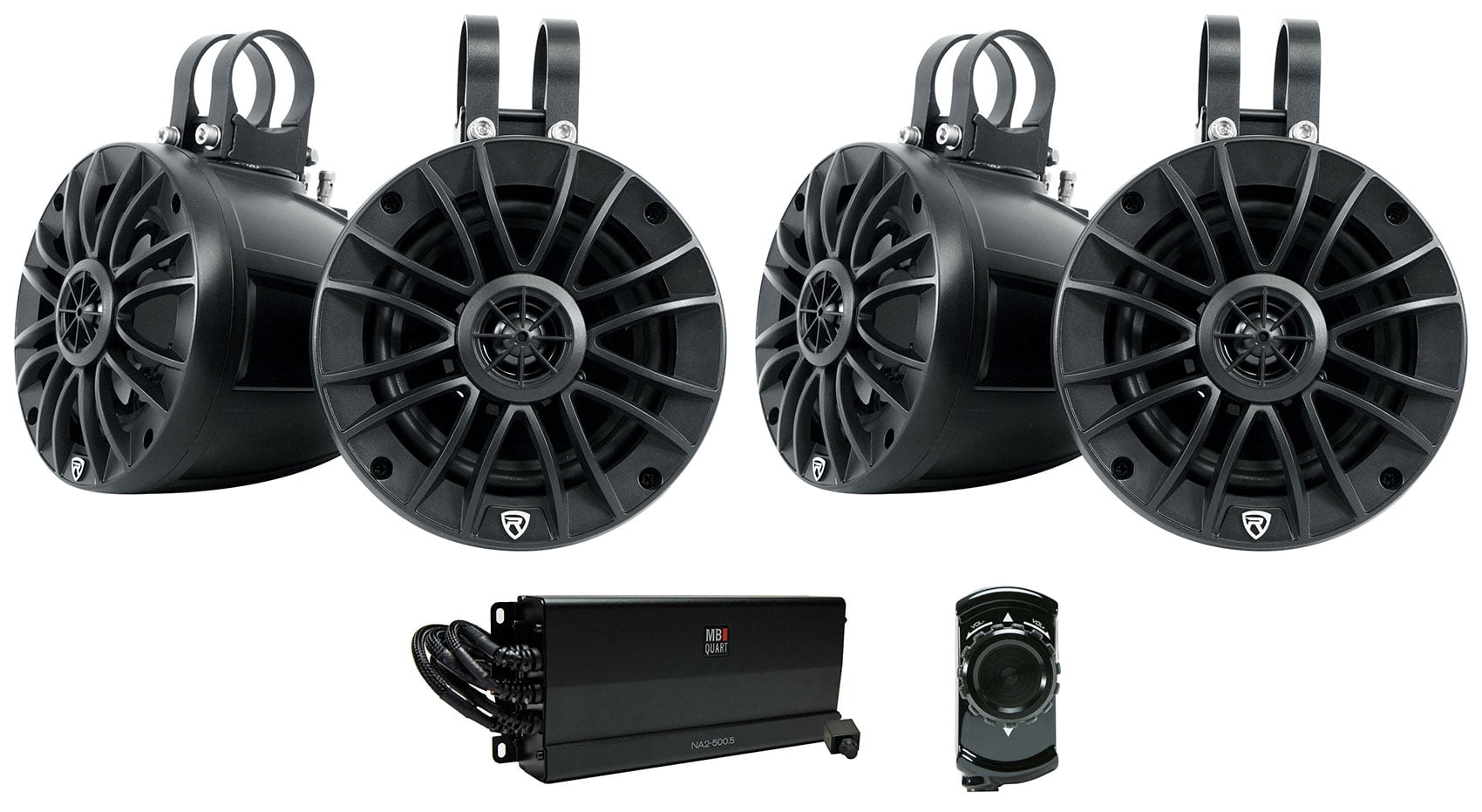 4 Rockville UTV/ATV Tower Speakers+MB Quart 5Ch. Amplifier+Bluetooth