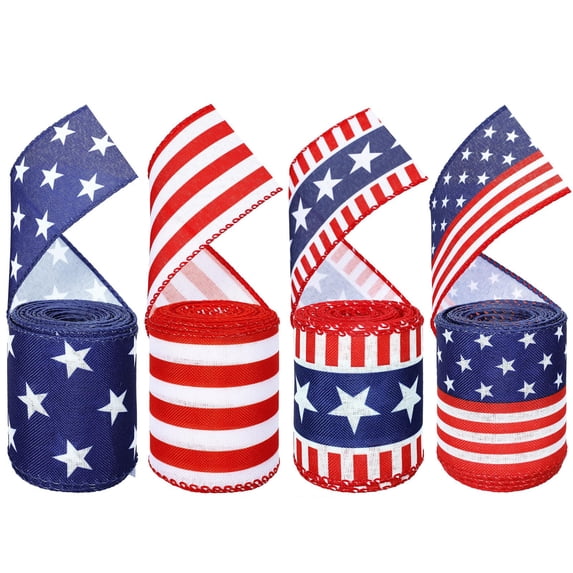 4 Roll 24 Yard 4th of July Red White and Blue Wired Edge Ribbon Patriotic Star and Striped Ribbons Set DIY Crafts for Memorial Day Gift Wreath Bow Craft Party Decor