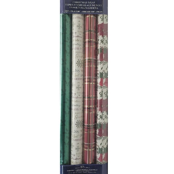 4 Roll Christmas Gift Wrap 180 sq ft Total Poinsettia/Plaid/Off White/Green