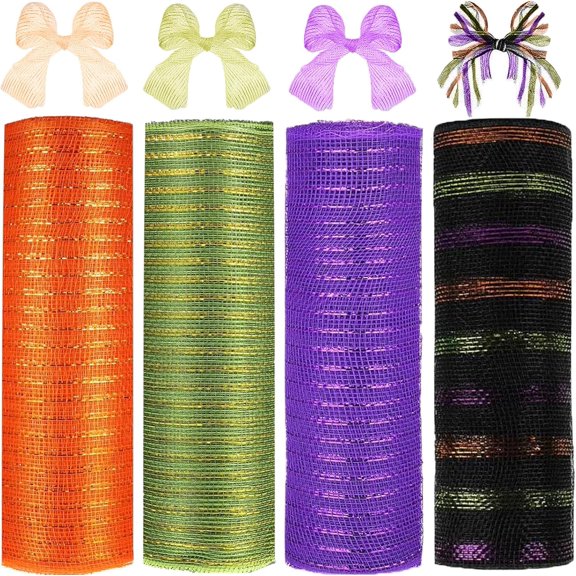 4 Roll Christmas Poly Mesh Ribbon, 10 Inch x 30 Feet Metallic Poly Mesh Ribbon Red Green and White Glitter Foil Decorative Mesh Rolls for DIY Wreath Crafts Party Decoration