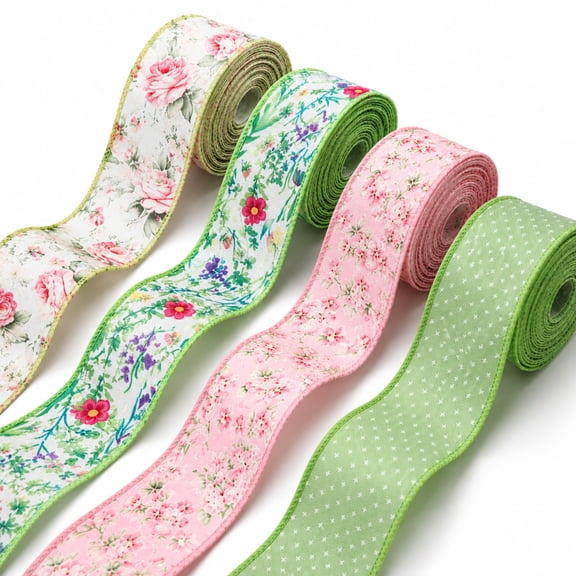 4 Roll Floral Gift Wrapping Ribbon, EEEkit 14.7ft Decorative Flower Pattern Ribbon for Crafts, Bouquets, and Holiday Party Decor