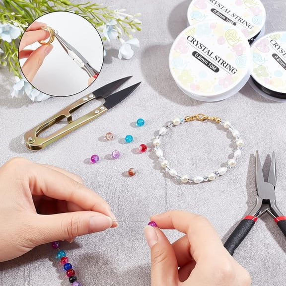 4 Rolls 0.8 mm Elastic Crystal Thread Black and Clear Elastic String with Beading Needles Jewelry Pliers and Scissors Stretchy String Bead Cord