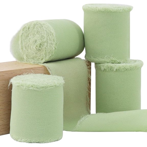 4 Rolls 1-1/2 Inch Sage Green Lime Chiffon Silk Ribbon 22yds Handmade Fringe Ribbons Set for Wedding Invitations, Bridal Bouquets, Gifts Wrapping, Christmas (sage, 22yds, 1.5") sage green 1 1/2inch