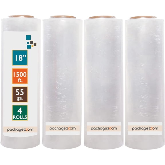 4 Rolls 18" x 1500 Ft Stretch Wrap Heavy Duty, Industrial Strength Shrink Wrap, 55 Gauge High Performance Stretch Film Replaces 80 Gauge Low Films, Clear Hand Stretch Wrap