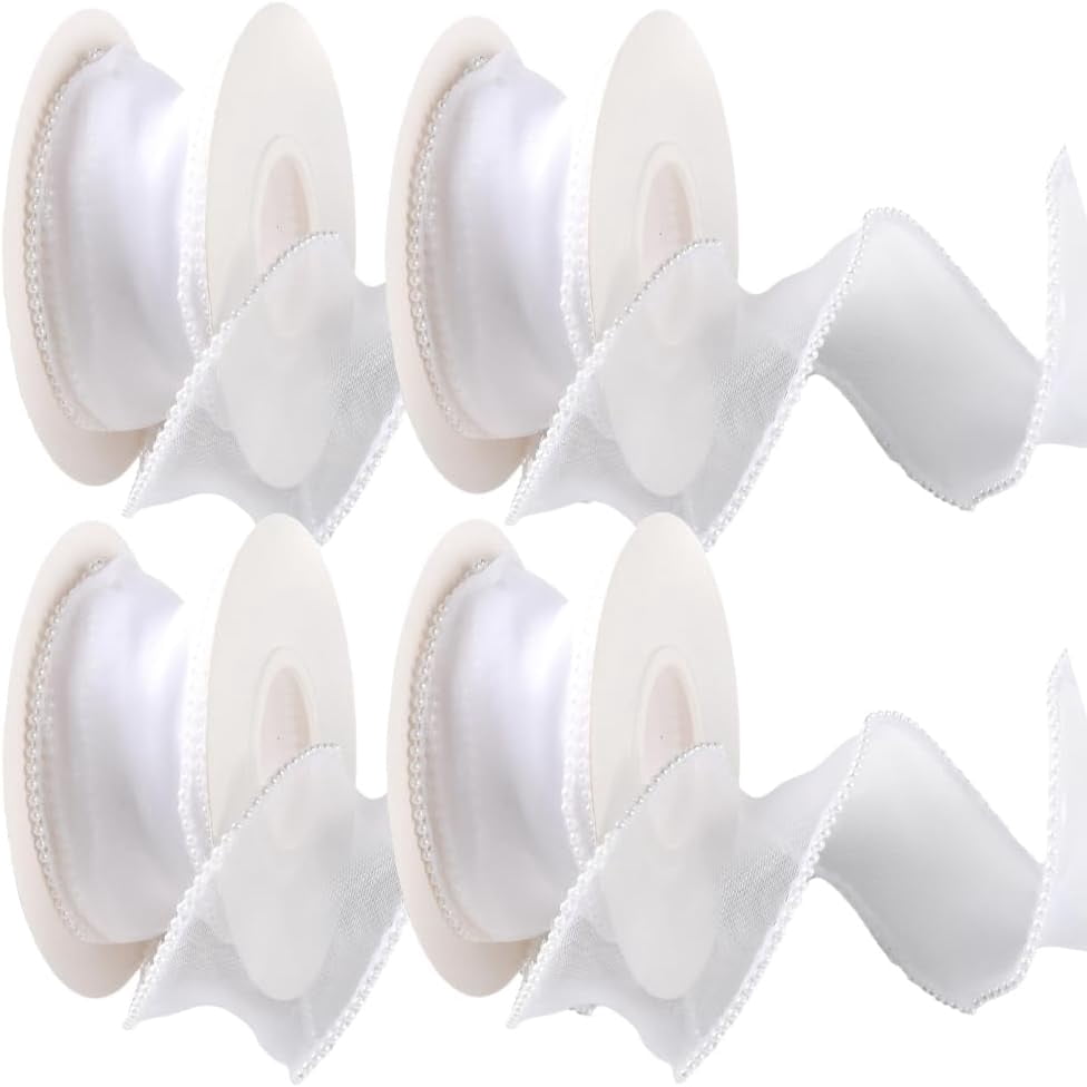 4 Rolls 20 Yards 1.5 Inch White Ribbon with Pearls Silk Mesh Fishtail ...