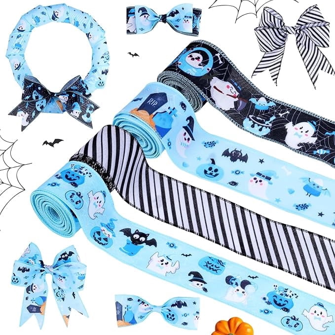 4 Rolls 20 Yards Blue and Black Halloween Wired Ribbons, 2.5 Inch Ghost Pumpkin Bat Printed Grosgrain Ribbon, Halloween Themed Fabric Ribbon for Wreaths, Wrapping Gifts, Crafts