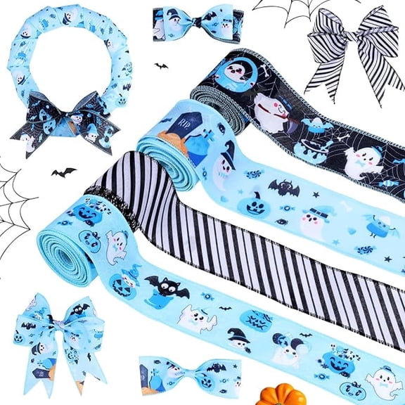 4 Rolls 20 Yards Blue and Black Halloween Wired Ribbons, 2.5 Inch Ghost Pumpkin Bat Printed Grosgrain Ribbon, Halloween Themed Fabric Ribbon for Wreaths, Wrapping Gifts, Crafts