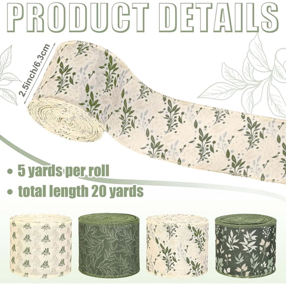 4 Rolls 20 Yards Sage Green Wired Edge Ribbon 2.5 Inch Spring Botanical Floral Buralp Ribbon Greenery Flower Fabric Ribbon for Gift Wrapping DIY Bow Wreath Making Spring Holidays Party Decorations