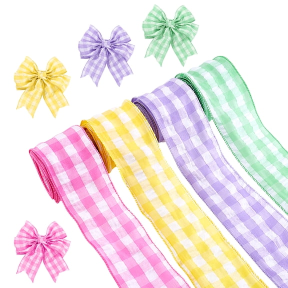 4 Rolls 20 Yards Spring Ribbon Wired 2.5 inches Wired Edge Ribbon Colored Gingham Craft Fabric Ribbon