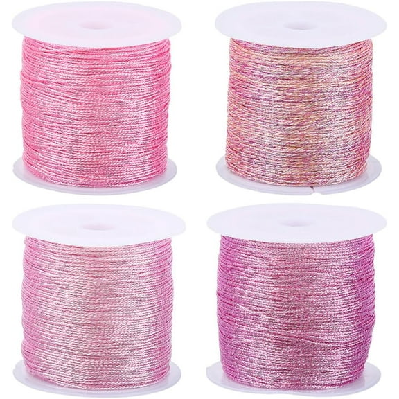 4 Rolls 218.72 Yards Pink Kumihimo Metallic Silk Glitter Thread Cords Satin Beading Polyester Shiny Knotting Nylon String Roll Cord for Sewing Making Bracelets Necklace Macrame Craft