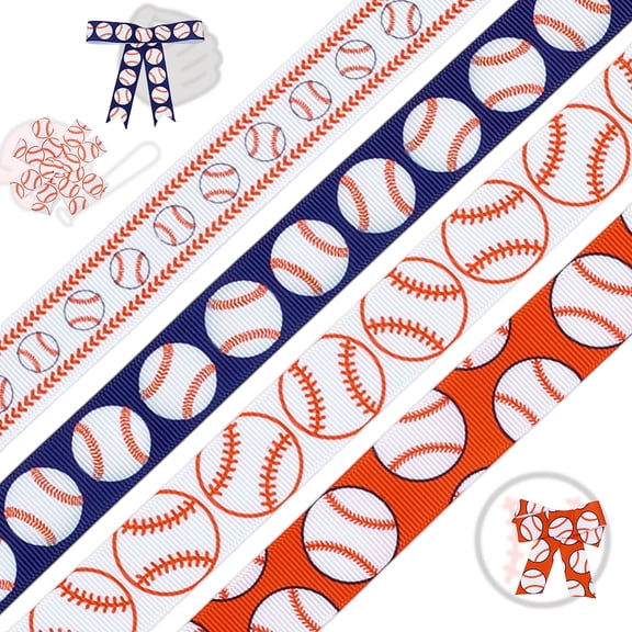 4 Rolls 22 Yard Baseball Ribbons for Craft 7/8" Red White Blue Sports Ribbon Grosgrain Fabric Ribbon Sports Ball Ribbons for Baseball Party