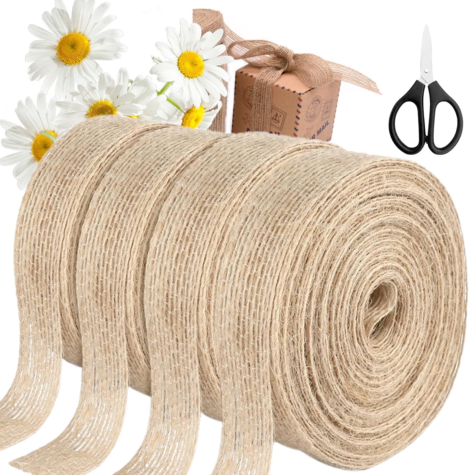 VEGCOO 4-Roll Jute Ribbon Set - 2cm x 10M Natural Burlap for Gift Wrapping, Wedding & Christmas Decor