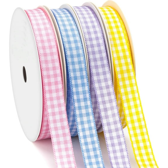 4 Rolls 3/8 Inch Gingham Ribbons Set, Total 40 Yards, Polyester Woven Edge Ribbon – Perfect Easter Ribbon, Check Ribbon for Baby Shower Gift Wrapping
