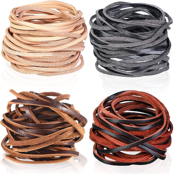 4 Rolls 3 mm Flat Genuine Leather Cord Natural Lace Strip Braiding Cord Thin Craft Leather Strips Shoe Jewelry for Lace Braided Bracelets Necklaces Handbag Knife Sheaths, 4 Colors