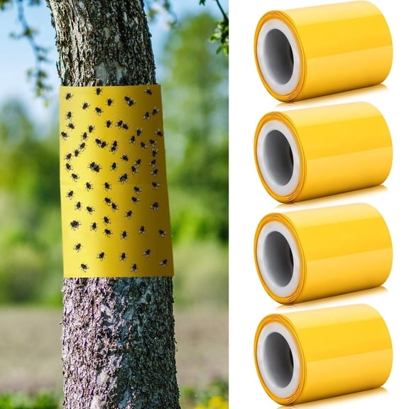 4 Rolls 7.2ft Lantern Fly Tree Tape Outdoor Adhesive Crawling Insect Trap Yellow Sticky Traps Sticky Barrier Protecting Trees Outdoor Indoor