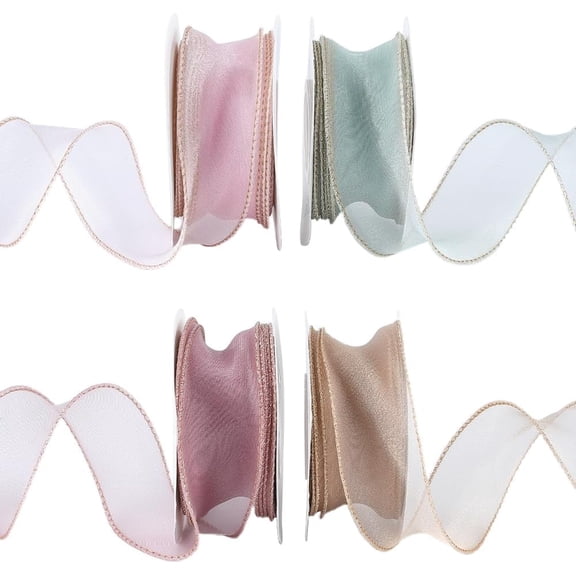 4 Rolls 39.36 Yards Sparkle Shimmer Organza Lace Ribbon Sheer Glitter Chiffon Ruffled Iridescent Tulle Border Ribbons Bulk Making Gift Wrapping Wreaths Bouquets DIY Crafts SupplyMixed Color