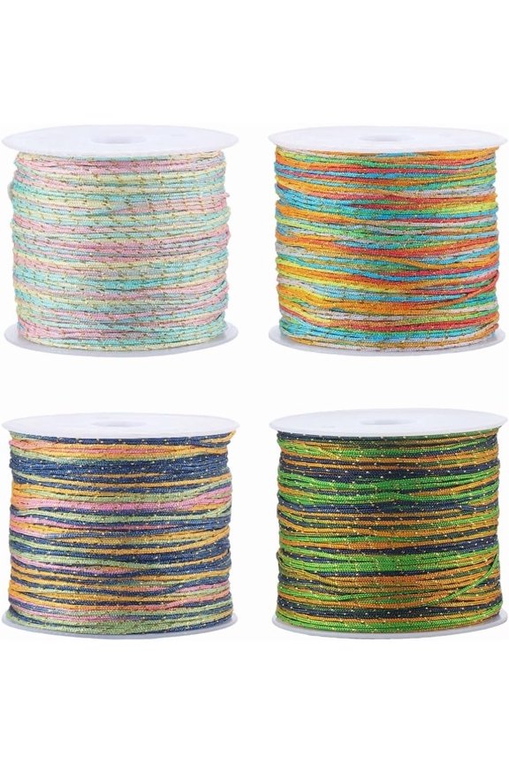 4 Rolls 4 Colors 218.7 Yards/200M 0.8mm Metallic Nylon Cord Colorful Jewelry String Green Glitter Macrame Beading Sewing Thread with Plastic Spool for Friendship Bracelet Necklace DIY Craft