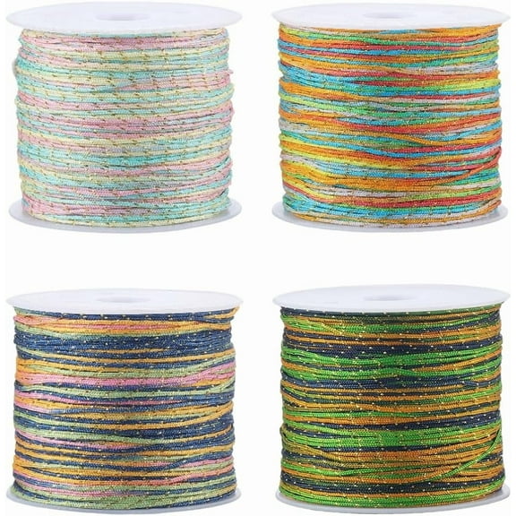 4 Rolls 4 Colors 218.7 Yards/200M 0.8mm Metallic Nylon Cord Colorful Jewelry String Green Glitter Macrame Beading Sewing Thread with Plastic Spool