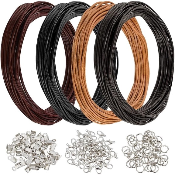 4 Rolls 4 Colors 5m x 2mm Round Leather Cords Cowhide Leather Rope String with 150Pcs Jump Rings Lobster Clasps Clamp Ends for Jewelry Making Necklaces Bracelets DIY Crafts Braiding Threads making