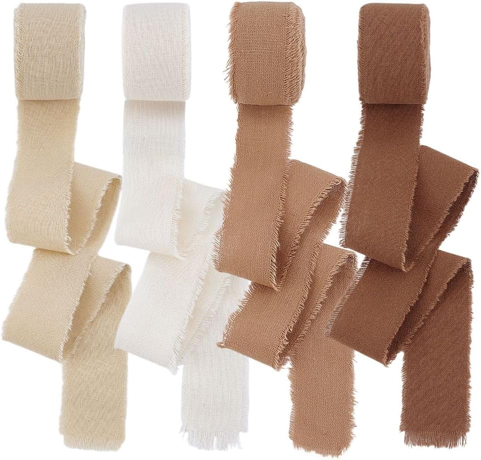 4 Rolls 4 Colors Cotton Frayed Ribbons Raw Edged Ribbon for Gift ...
