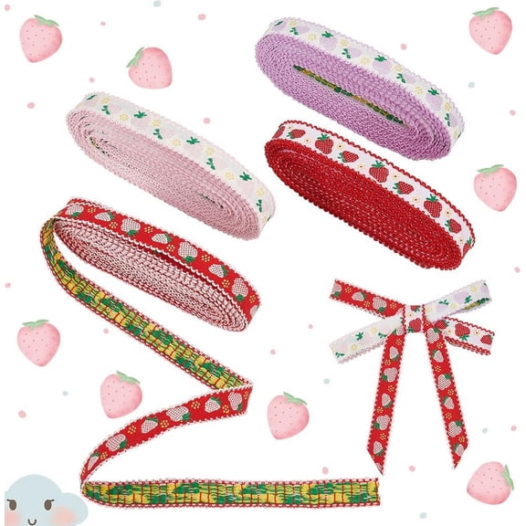4 Rolls 4 Colors Strawberry Ribbon 5/8" Wide Fruit Print Ribbon Strawberry Shortcake Fabric Christmas Fabric Craft Ribbon for Gift Cake Floral Wrapping DIY Sewing Crafts Decor 20 Yards