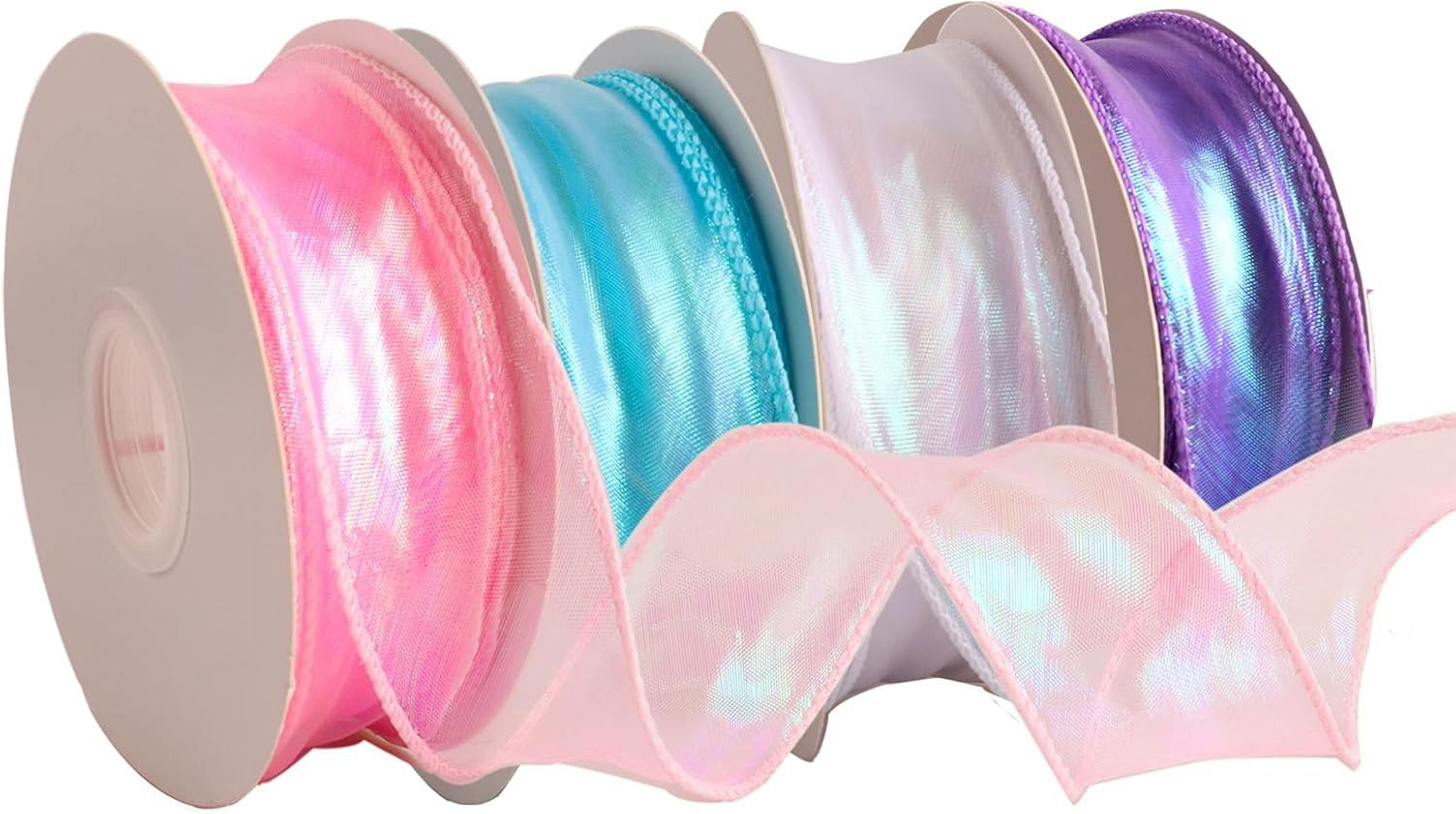 4 Rolls 4 Colour Organza Ribbon 1-1/2 Inch Wide 10 Yards Wired Chiffon Ribbon for Gift wrap Bow DIY Craft Bouquet Wreath Baking Baby Shower Wedding Parties Valentine Christmas Tree Decoration