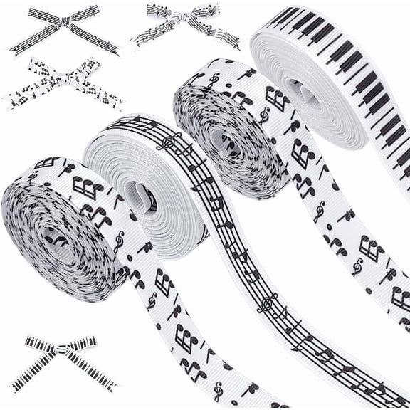 4 Rolls 4 Styles Polyester Musical Note Piano Keys Printed Ribbon Sets Mixed Shapes 5/8 inch(16mm) 5 yards/roll 1 roll/style for DIY