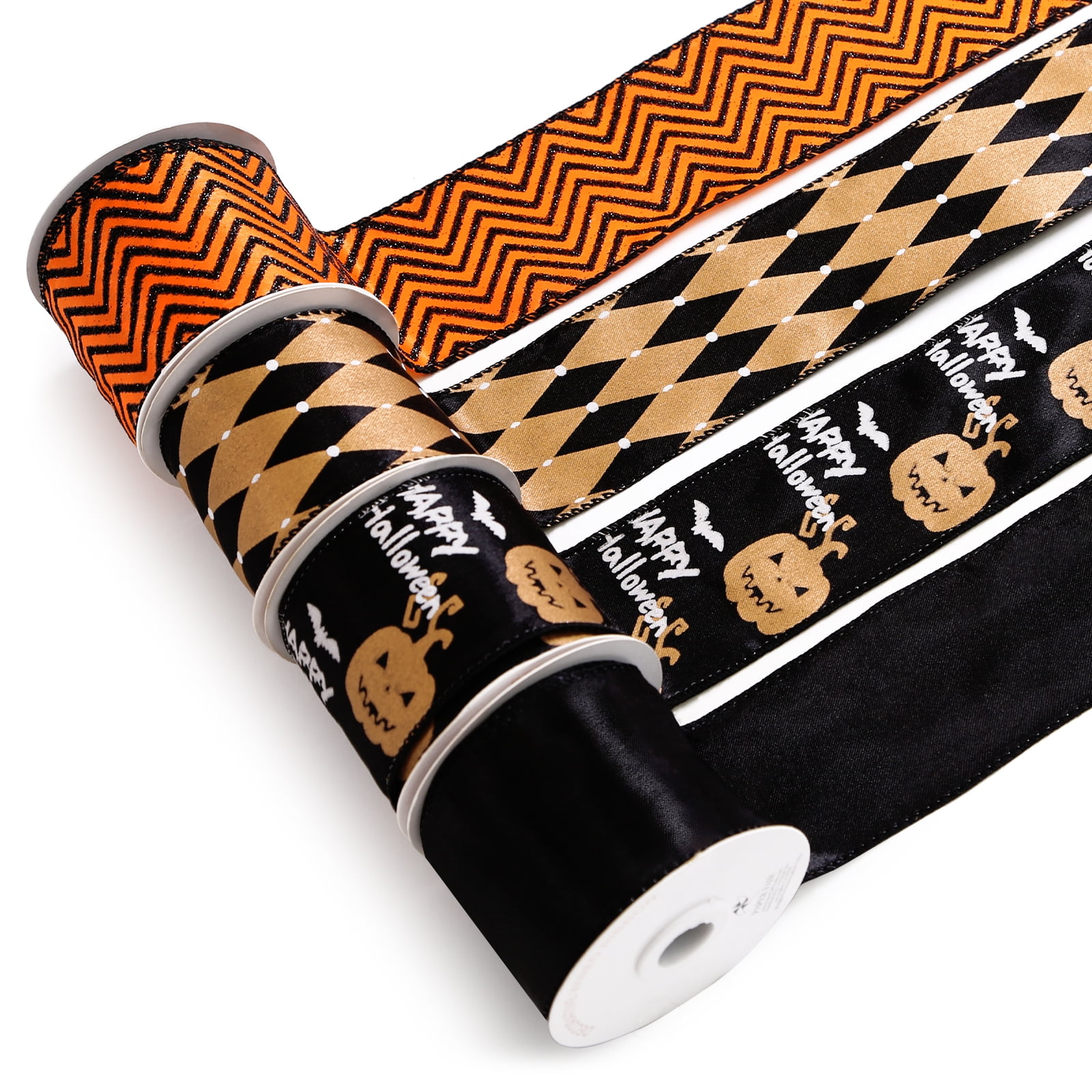 4 Rolls 40 Yards 2.5 Inch Glitter Halloween Wired Edge Ribbons Witch ...